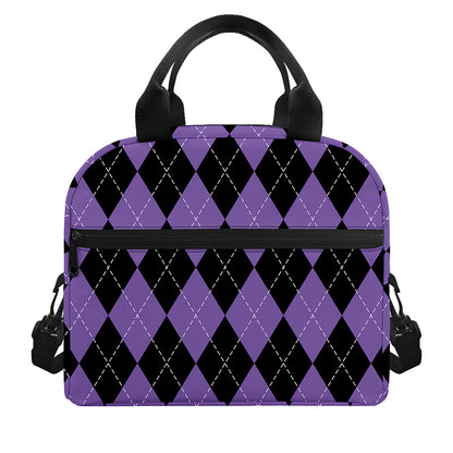 Black And Purple Argyle Pattern Print Insulated Lunch Bag