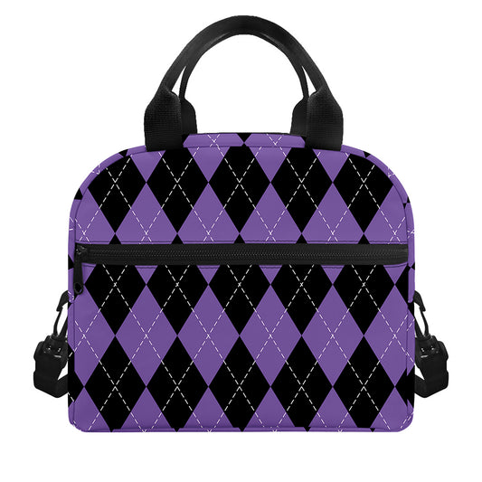 Black And Purple Argyle Pattern Print Insulated Lunch Bag