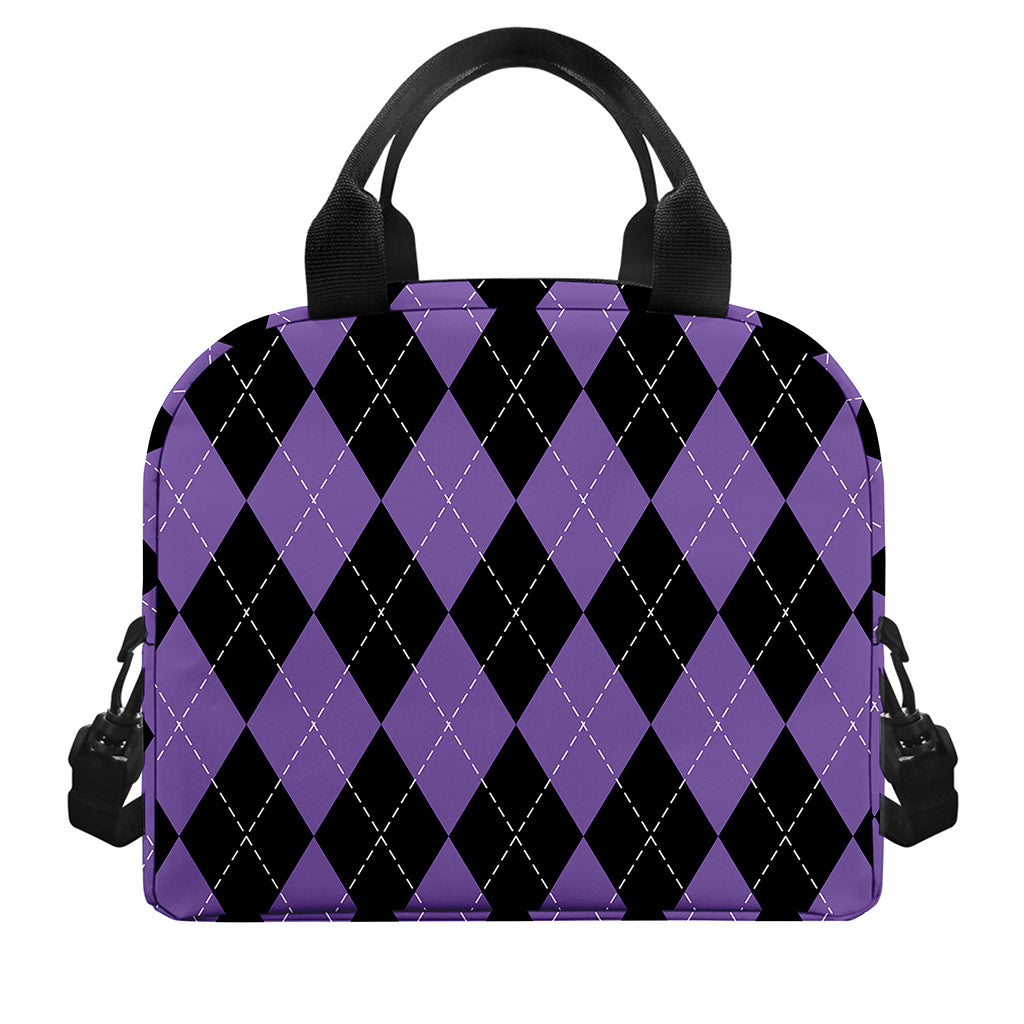 Black And Purple Argyle Pattern Print Insulated Lunch Bag