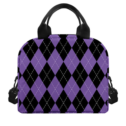 Black And Purple Argyle Pattern Print Insulated Lunch Bag