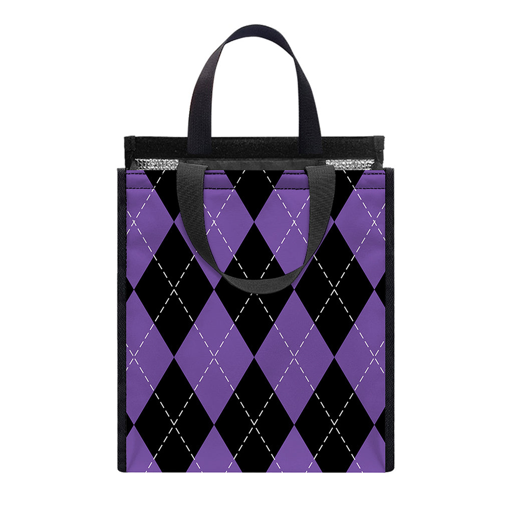 Black And Purple Argyle Pattern Print Insulated Lunch Tote