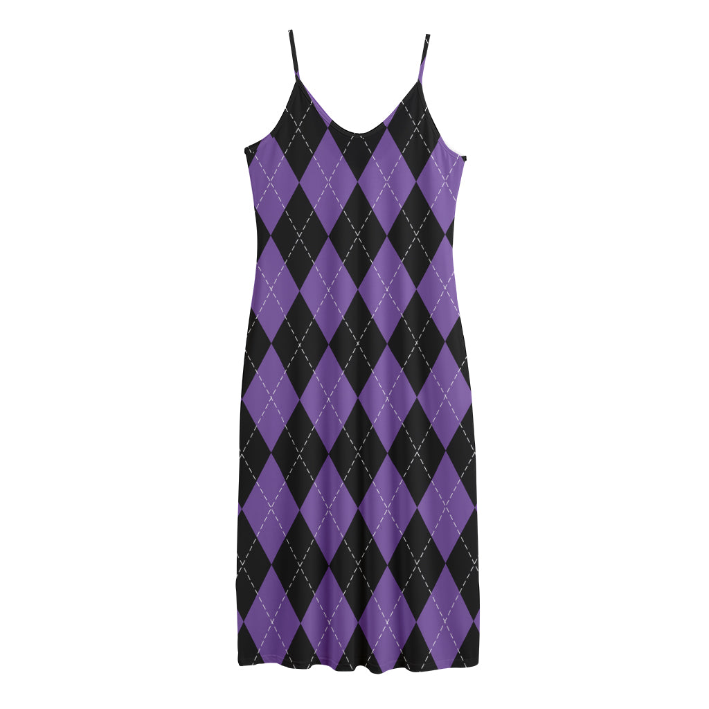 Black And Purple Argyle Pattern Print Jersey Midi Cami Dress