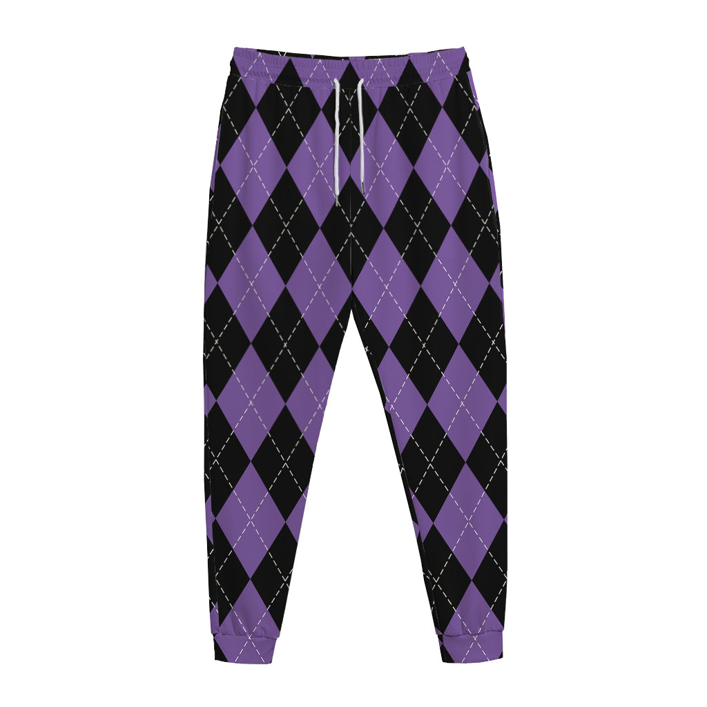 Black And Purple Argyle Pattern Print Jogger Pants