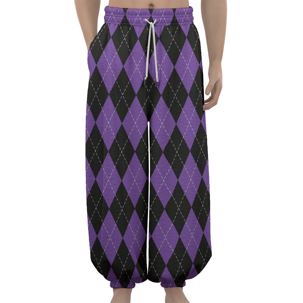 Black And Purple Argyle Pattern Print Lantern Pants