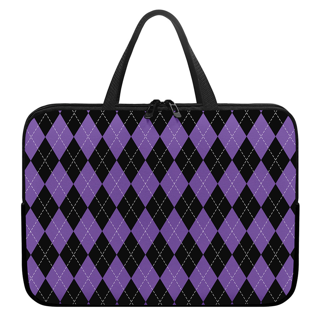 Black And Purple Argyle Pattern Print Laptop Sleeve With Handle