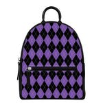 Black And Purple Argyle Pattern Print Leather Backpack