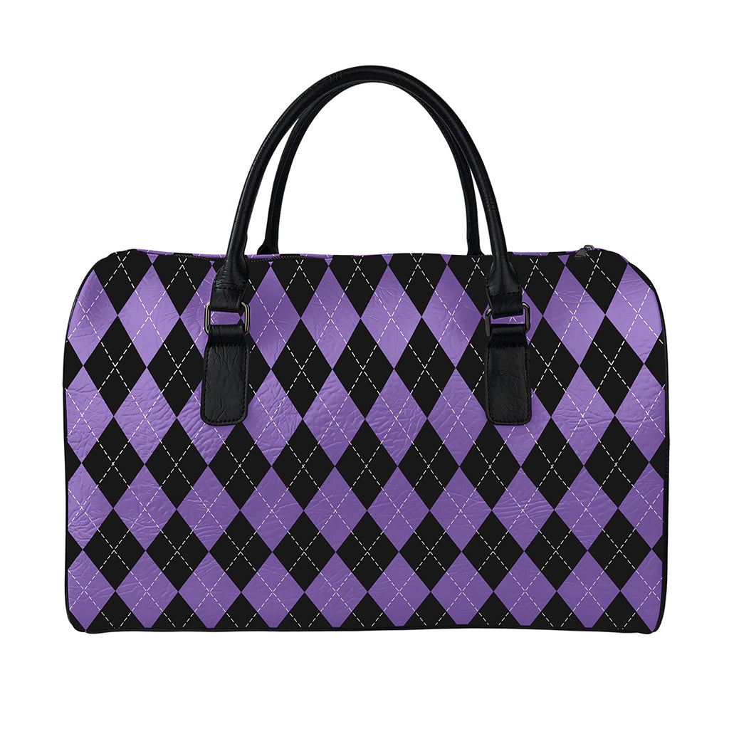 Black And Purple Argyle Pattern Print Leather Duffle Bag