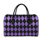 Black And Purple Argyle Pattern Print Leather Duffle Bag