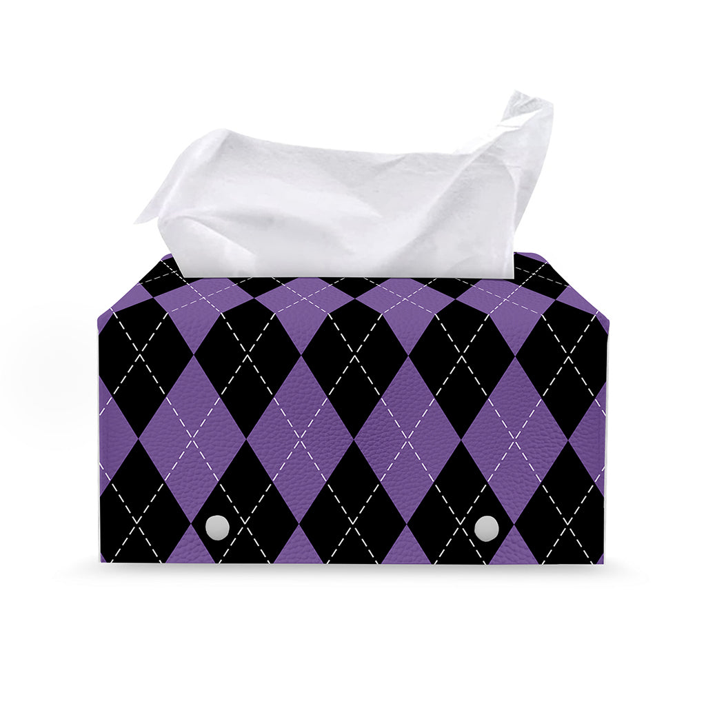 Black And Purple Argyle Pattern Print Leather Tissue Box Cover
