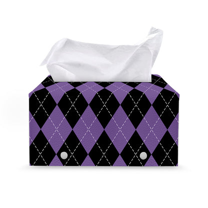 Black And Purple Argyle Pattern Print Leather Tissue Box Cover