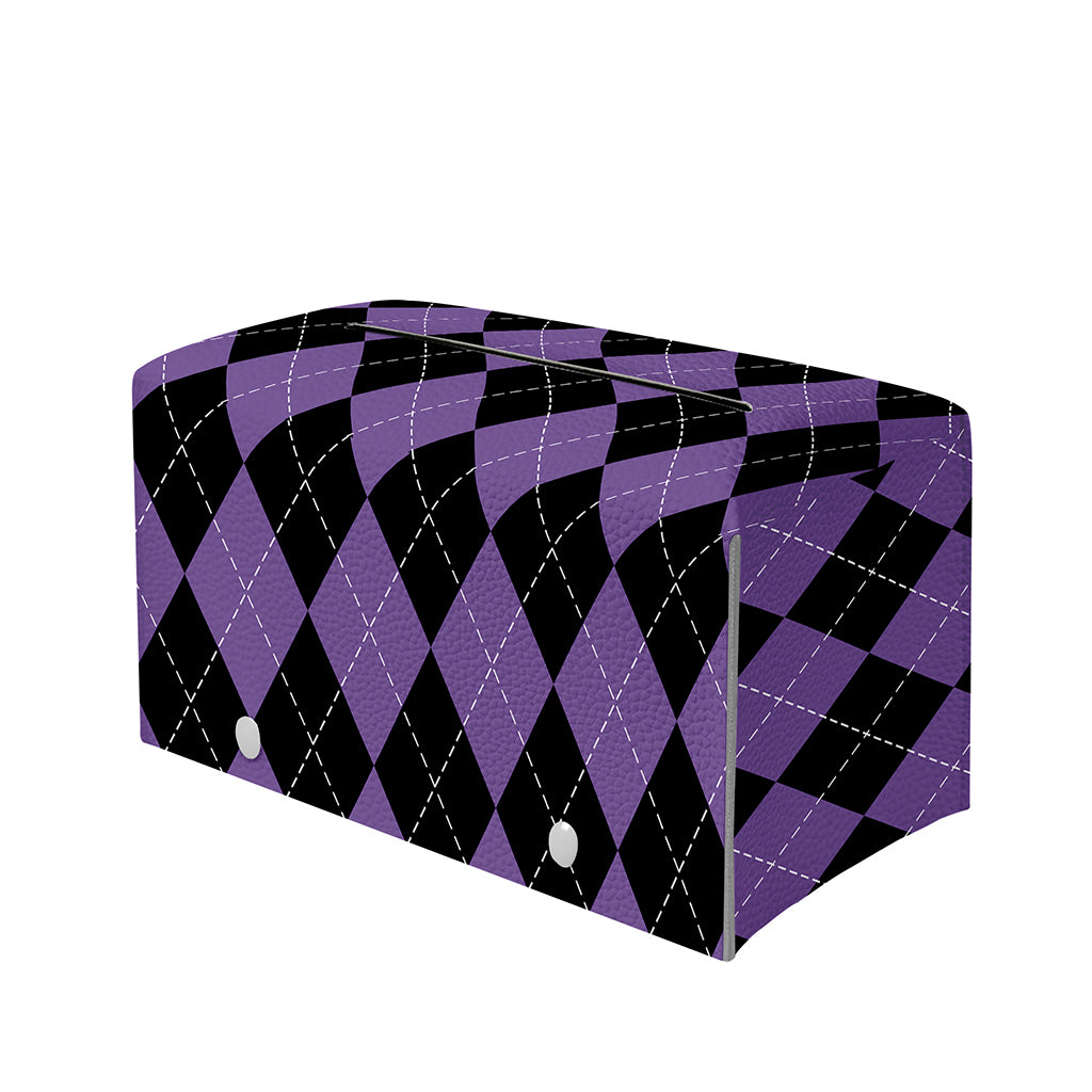 Black And Purple Argyle Pattern Print Leather Tissue Box Cover
