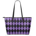 Black And Purple Argyle Pattern Print Leather Tote Bag With Zipper