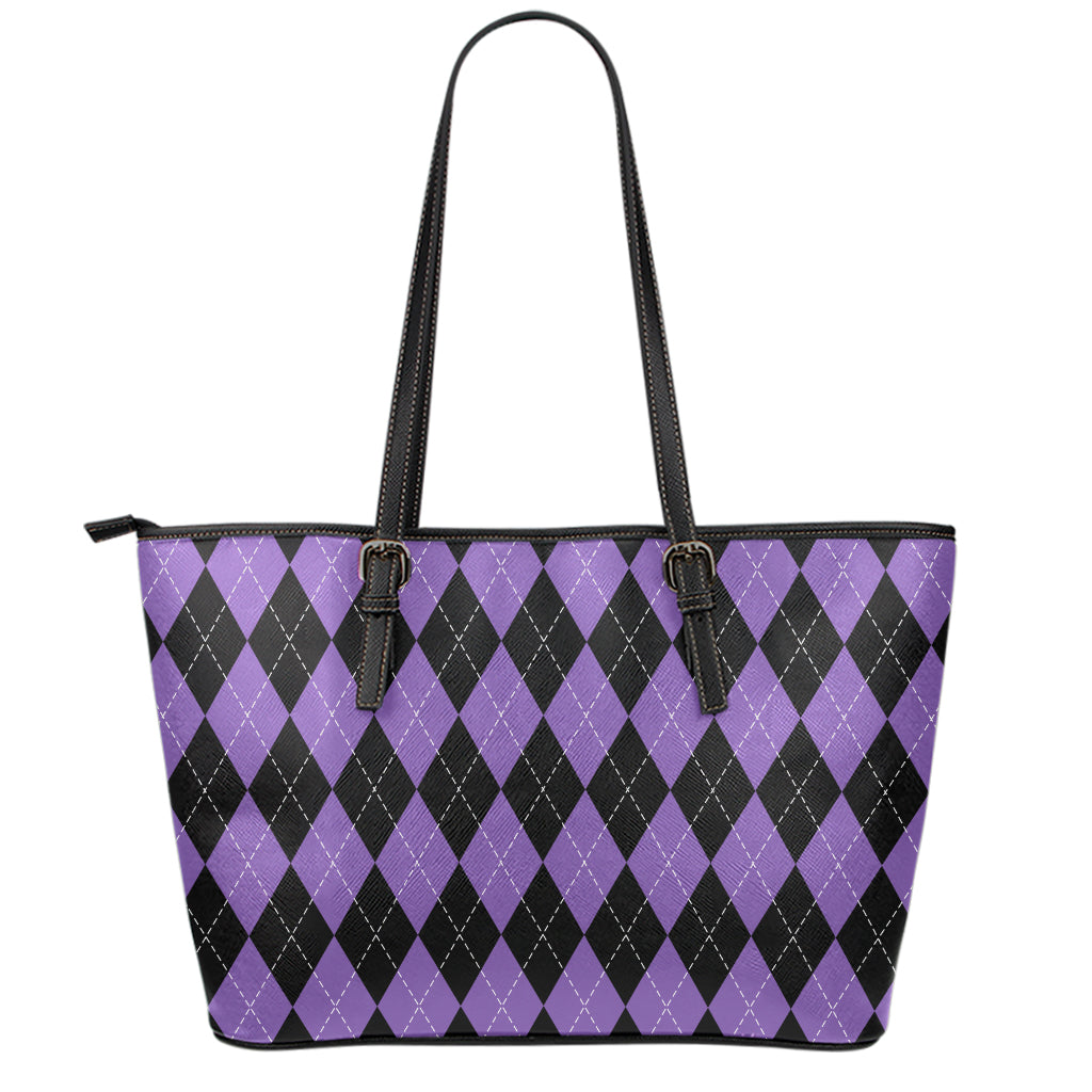 Black And Purple Argyle Pattern Print Leather Tote Bag