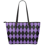 Black And Purple Argyle Pattern Print Leather Tote Bag