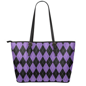 Black And Purple Argyle Pattern Print Leather Tote Bag