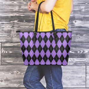 Black And Purple Argyle Pattern Print Leather Tote Bag