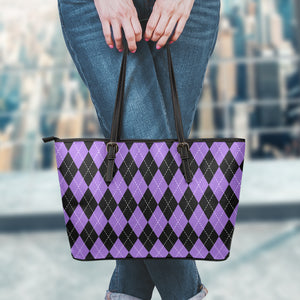 Black And Purple Argyle Pattern Print Leather Tote Bag