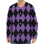 Black And Purple Argyle Pattern Print Long Sleeve Baseball Jersey