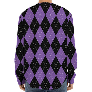 Black And Purple Argyle Pattern Print Long Sleeve Baseball Jersey