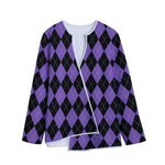 Black And Purple Argyle Pattern Print Long Sleeve Short Coat
