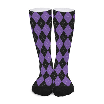 Black And Purple Argyle Pattern Print Long Socks