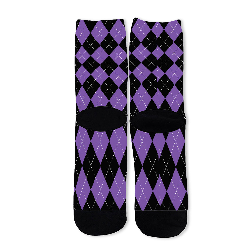 Black And Purple Argyle Pattern Print Long Socks