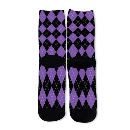 Black And Purple Argyle Pattern Print Long Socks