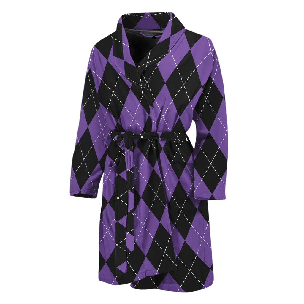 Black And Purple Argyle Pattern Print Men's Bathrobe