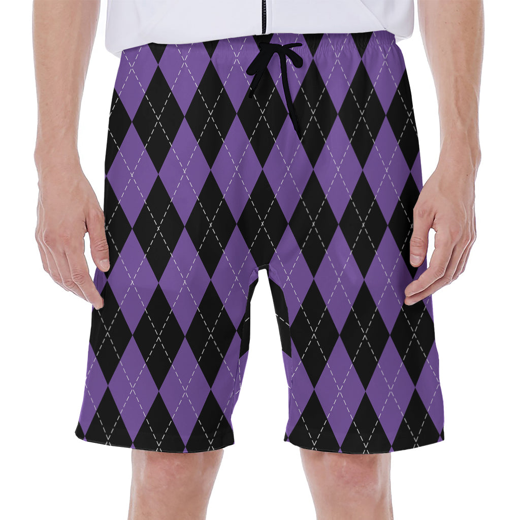 Black And Purple Argyle Pattern Print Men's Beach Shorts