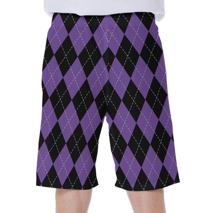 Black And Purple Argyle Pattern Print Men's Beach Shorts
