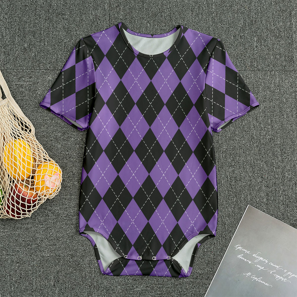 Black And Purple Argyle Pattern Print Men's Bodysuit