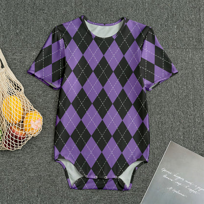 Black And Purple Argyle Pattern Print Men's Bodysuit