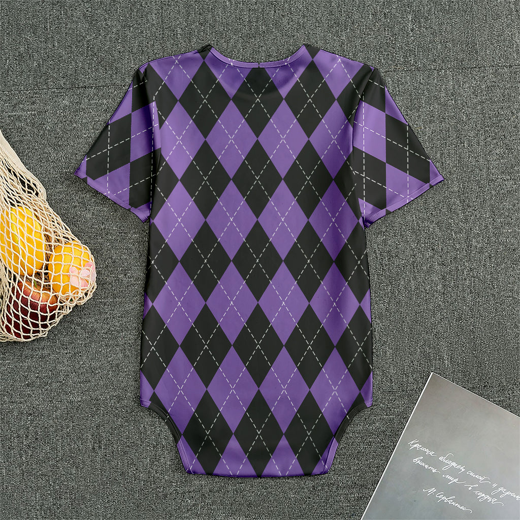 Black And Purple Argyle Pattern Print Men's Bodysuit