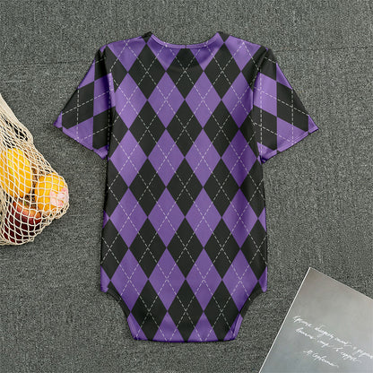 Black And Purple Argyle Pattern Print Men's Bodysuit
