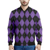 Black And Purple Argyle Pattern Print Men's Bomber Jacket