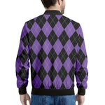Black And Purple Argyle Pattern Print Men's Bomber Jacket