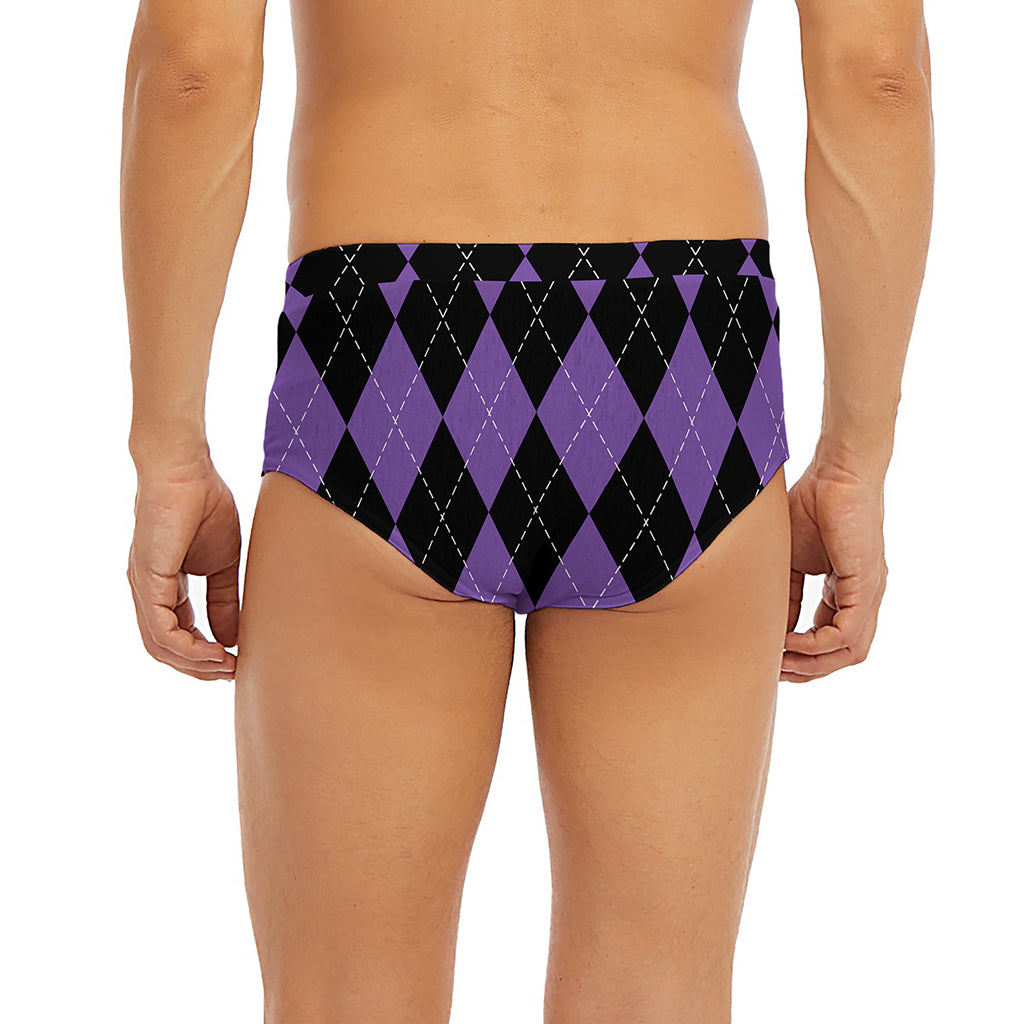Black And Purple Argyle Pattern Print Men's Briefs