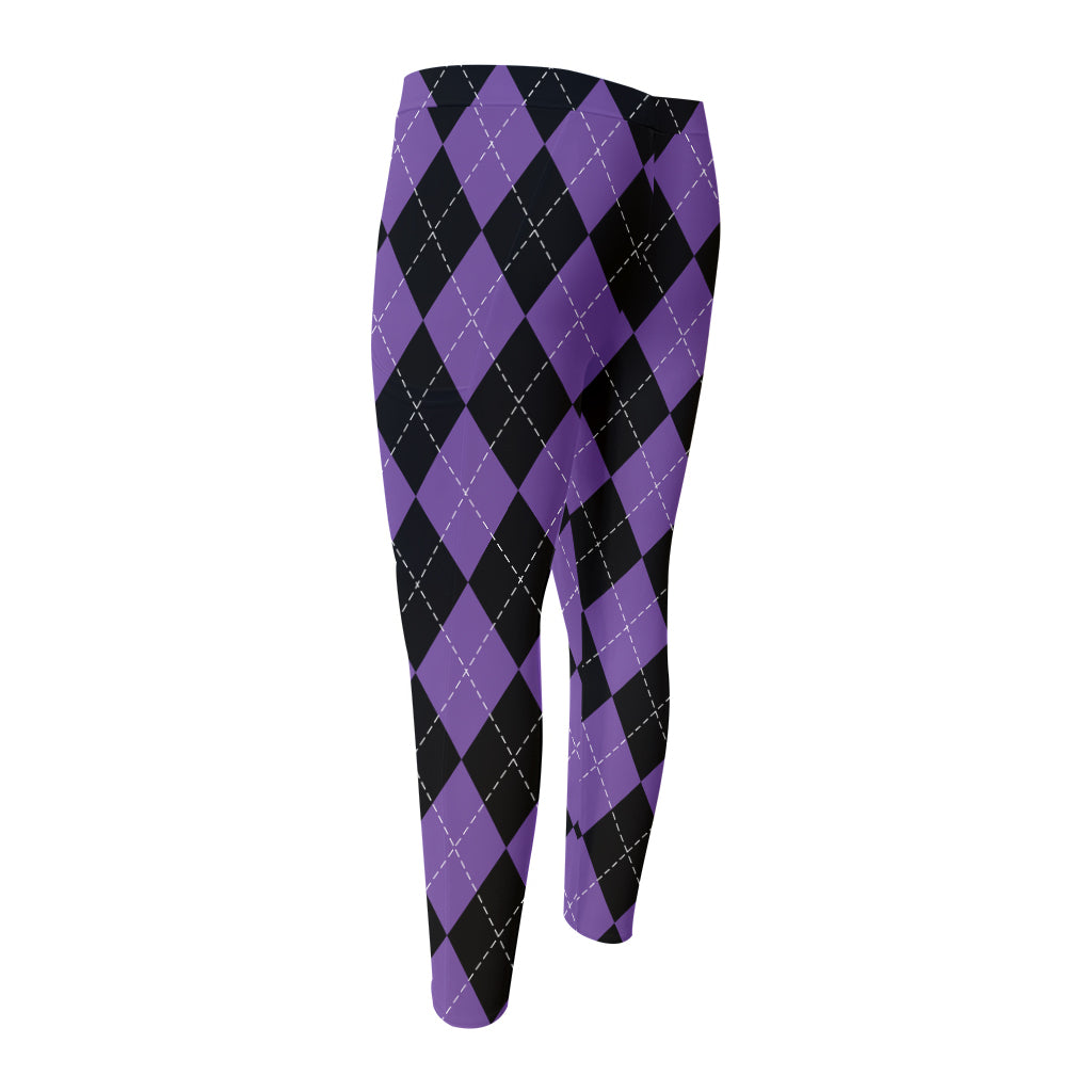 Black And Purple Argyle Pattern Print Men's Compression Pants