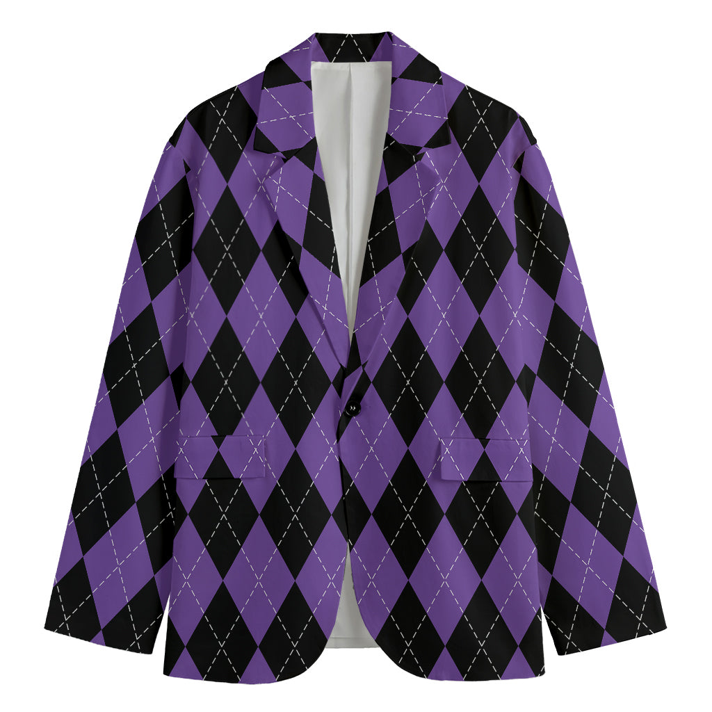 Black And Purple Argyle Pattern Print Men's Cotton Blazer