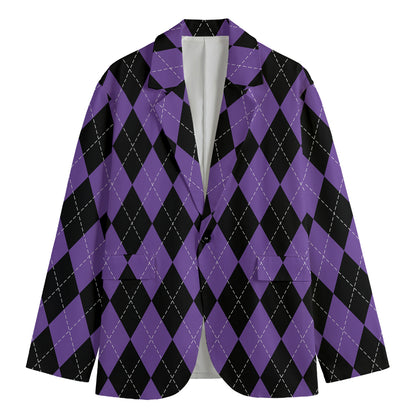 Black And Purple Argyle Pattern Print Men's Cotton Blazer