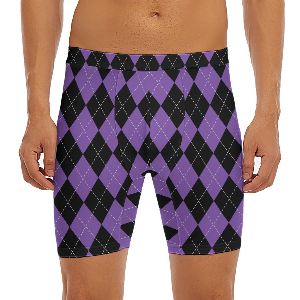Black And Purple Argyle Pattern Print Men's Long Boxer Briefs