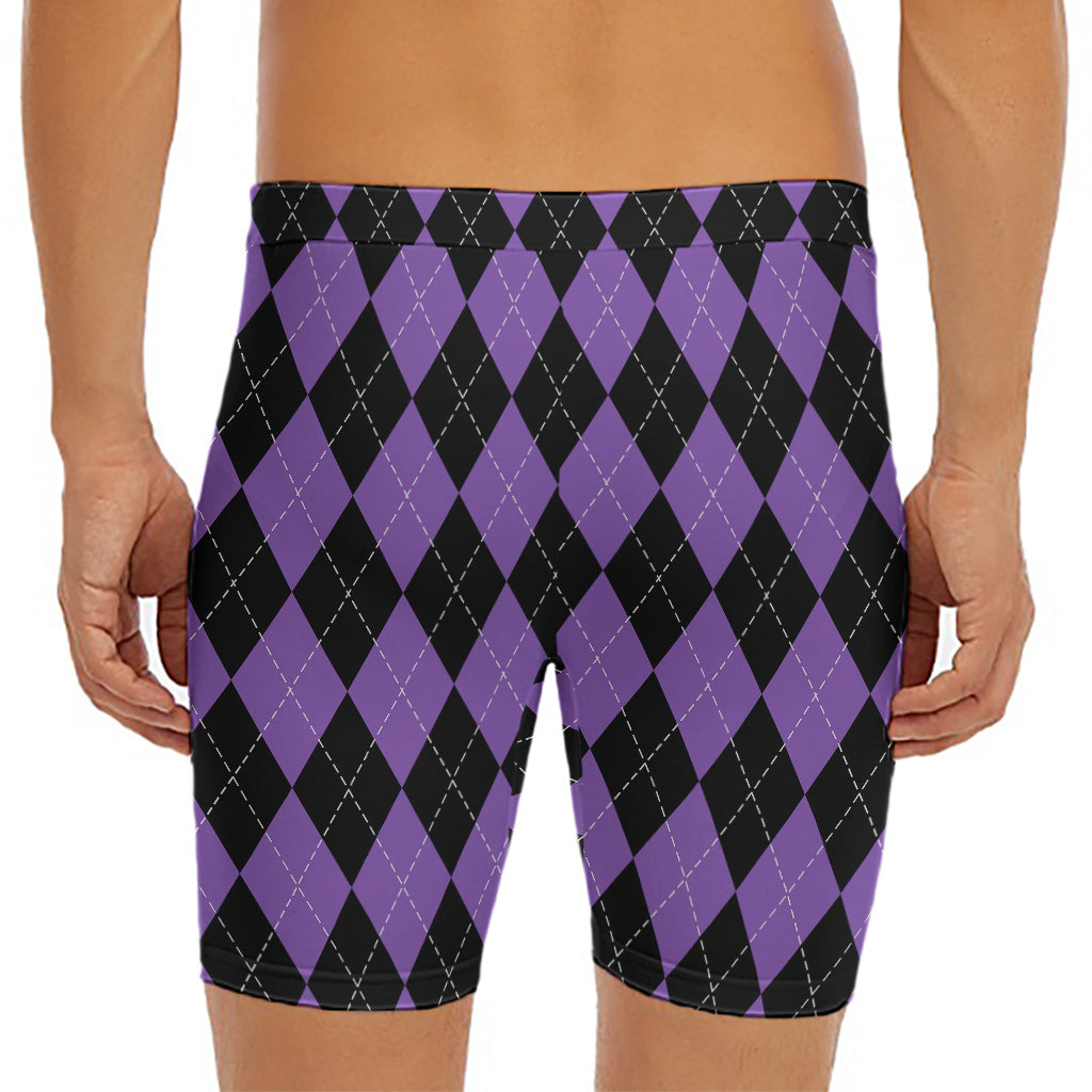 Black And Purple Argyle Pattern Print Men's Long Boxer Briefs