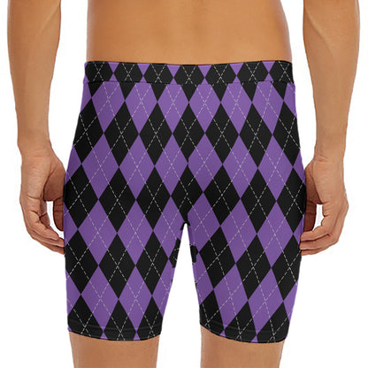 Black And Purple Argyle Pattern Print Men's Long Boxer Briefs