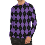 Black And Purple Argyle Pattern Print Men's Long Sleeve Rash Guard