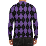 Black And Purple Argyle Pattern Print Men's Long Sleeve Rash Guard