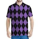 Black And Purple Argyle Pattern Print Men's Polo Shirt