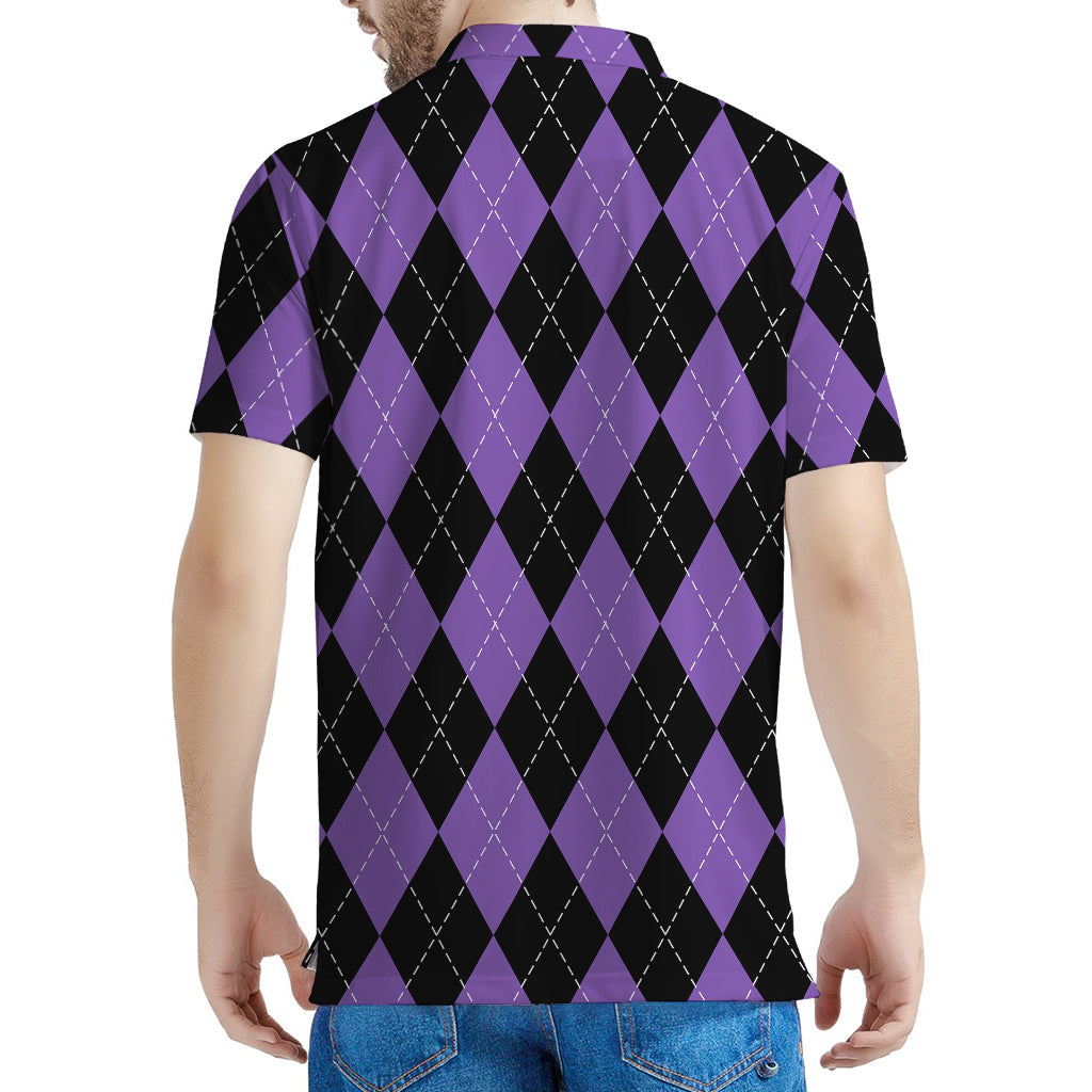 Black And Purple Argyle Pattern Print Men's Polo Shirt