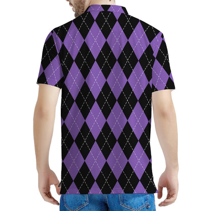 Black And Purple Argyle Pattern Print Men's Polo Shirt