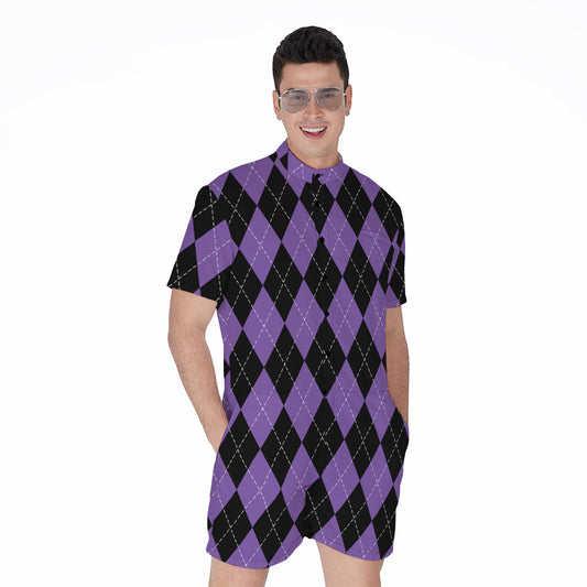 Black And Purple Argyle Pattern Print Men's Rompers