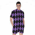 Black And Purple Argyle Pattern Print Men's Rompers